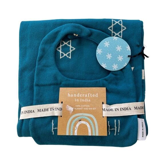 My 1st Hanukkah Blue & Ivory Knit Reversible Baby Blanket and Bib Set NWT - Picture 4 of 10